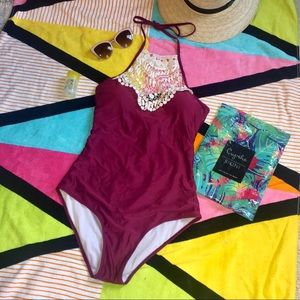 Cupshe One-piece Halter Tie Swimsuit with Crochet